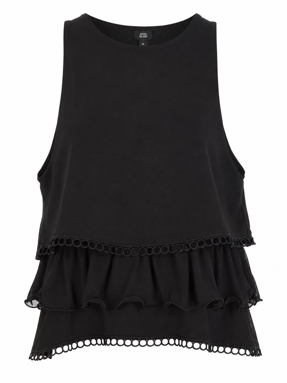 River Island Black Sleeveless Peplum Top Eyelet Trim US 6 NWT